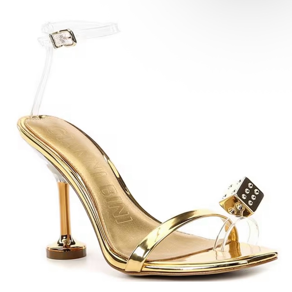 Gold Stiletto Heel Sandal with Dice and Martini Accent NWT